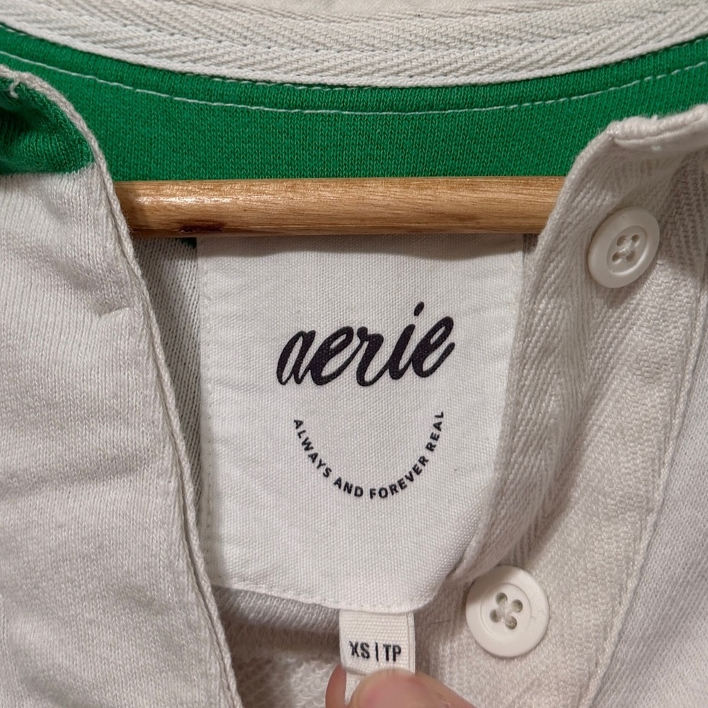 Aerie Prep Rally Rugby Sweatshirt Size XS Green Striped Polo Sweater - Picture 4 of 6